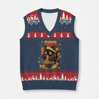 Funny Xmas Cat Ramen V-Neck Knit Sweater Vest Xmas Japanese Kawaii Anime Cat - Wonder Print Shop
