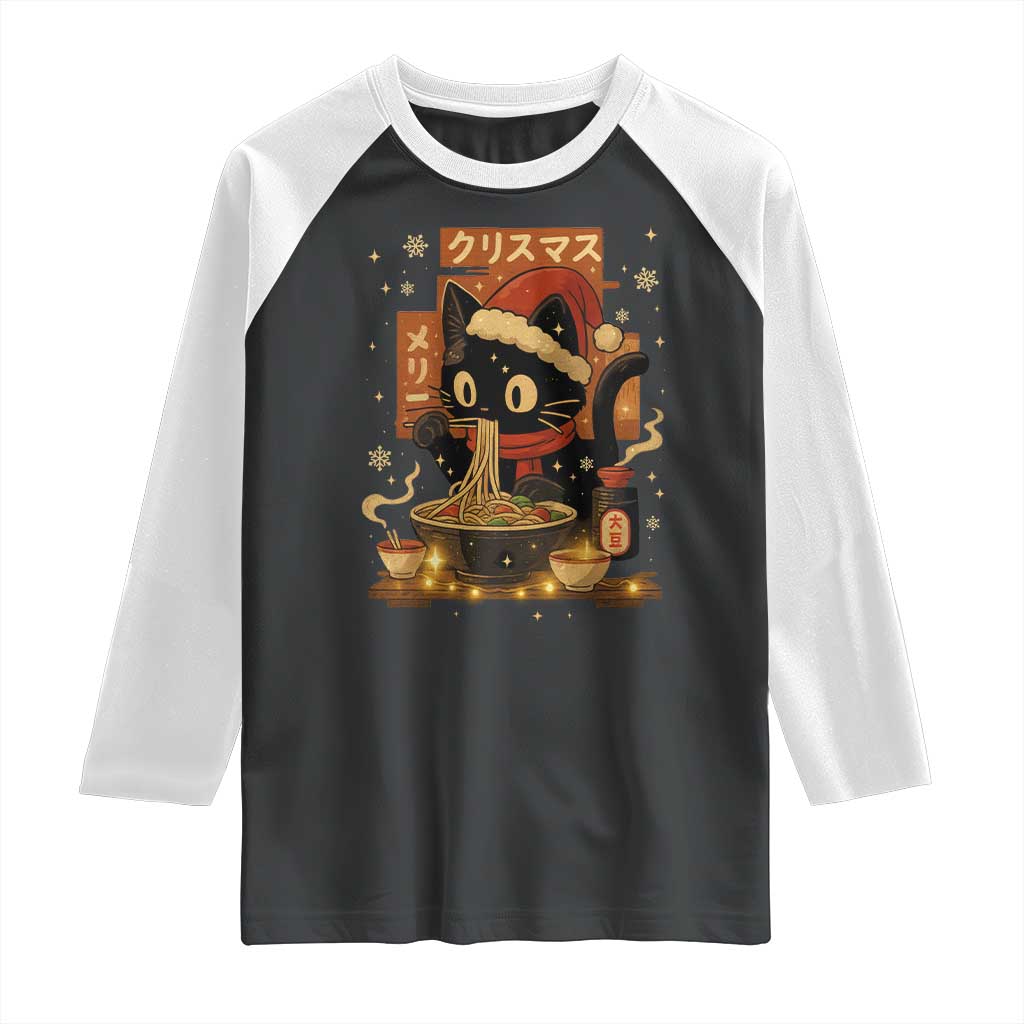 Funny Christmas Cat Ramen Raglan Shirt Xmas Japanese Kawaii Anime Cat - Wonder Print Shop