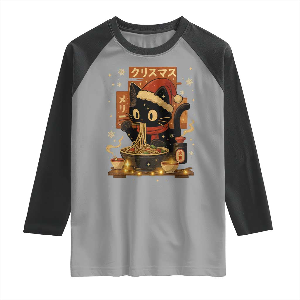 Funny Christmas Cat Ramen Raglan Shirt Xmas Japanese Kawaii Anime Cat - Wonder Print Shop