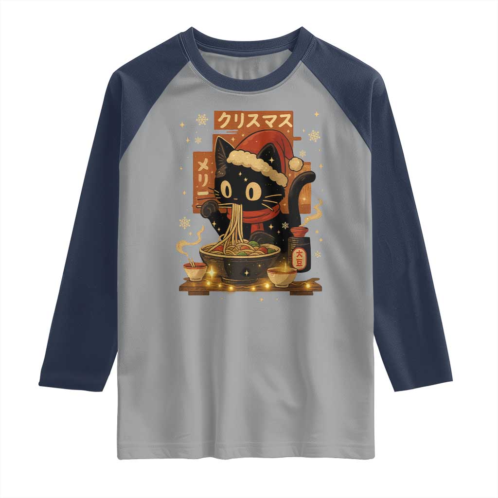 Funny Christmas Cat Ramen Raglan Shirt Xmas Japanese Kawaii Anime Cat - Wonder Print Shop