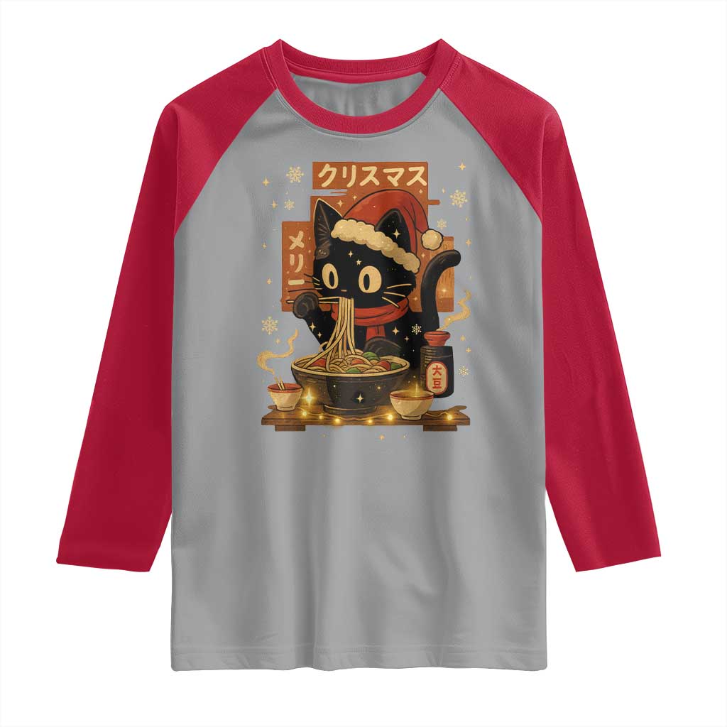 Funny Christmas Cat Ramen Raglan Shirt Xmas Japanese Kawaii Anime Cat - Wonder Print Shop