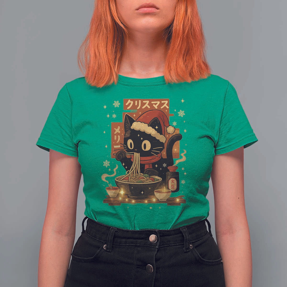 Funny Christmas Cat Ramen T Shirt For Women Xmas Japanese Kawaii Anime Cat - Wonder Print Shop