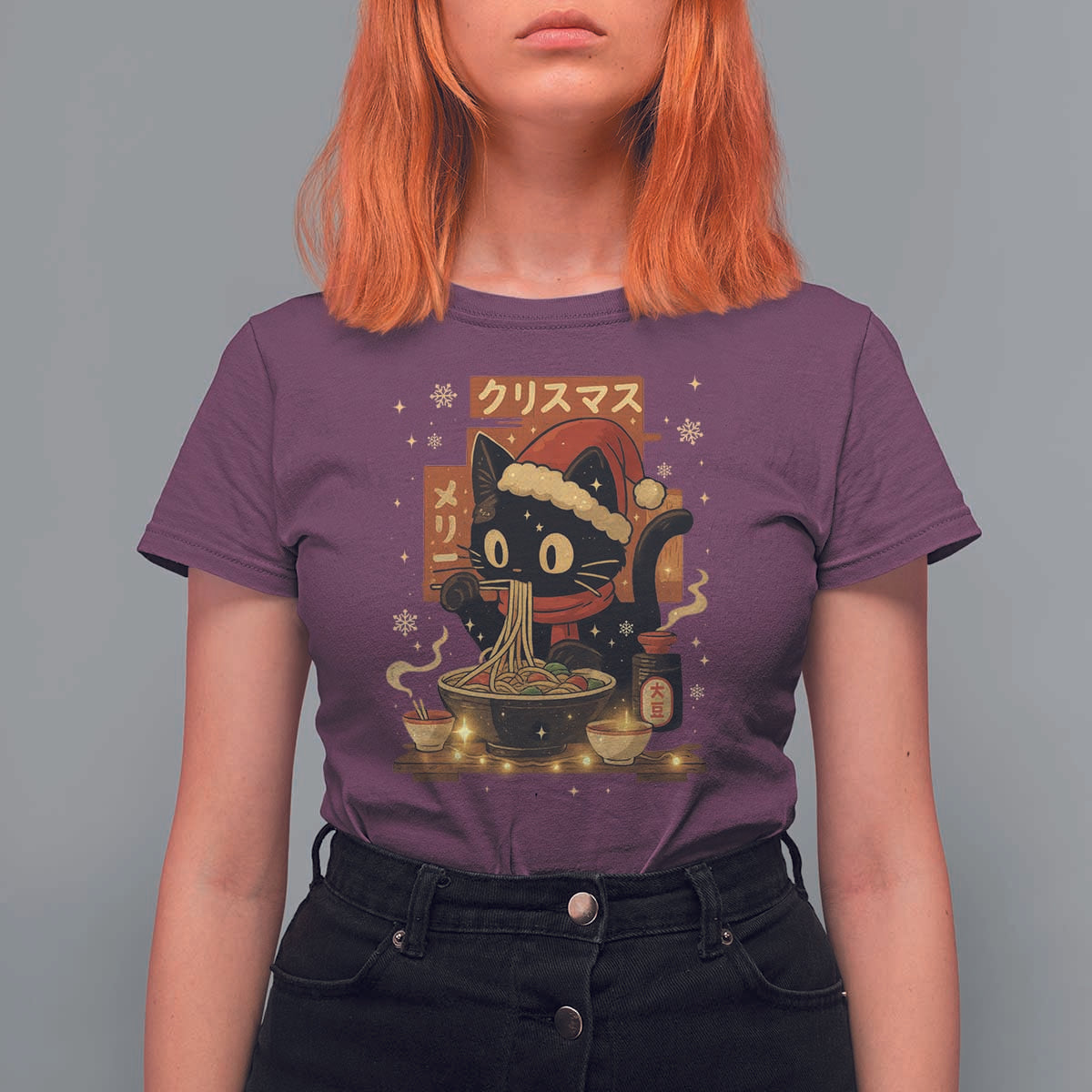 Funny Christmas Cat Ramen T Shirt For Women Xmas Japanese Kawaii Anime Cat - Wonder Print Shop