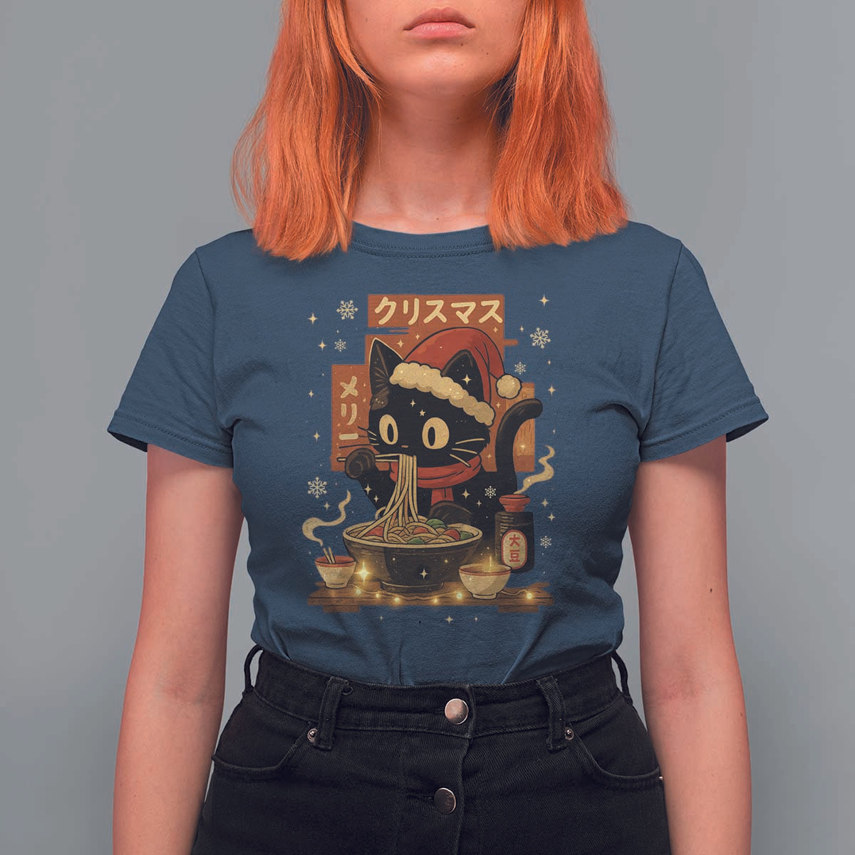 Funny Christmas Cat Ramen T Shirt For Women Xmas Japanese Kawaii Anime Cat - Wonder Print Shop