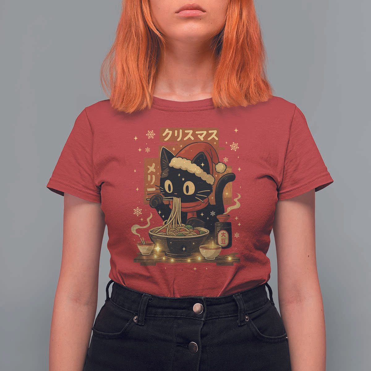 Funny Christmas Cat Ramen T Shirt For Women Xmas Japanese Kawaii Anime Cat - Wonder Print Shop