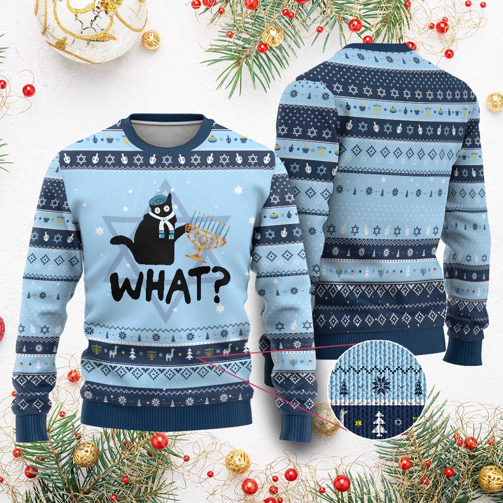 Funny What Chanukah Black Cat Hanukkah Ugly Sweater - Wonder Print Shop
