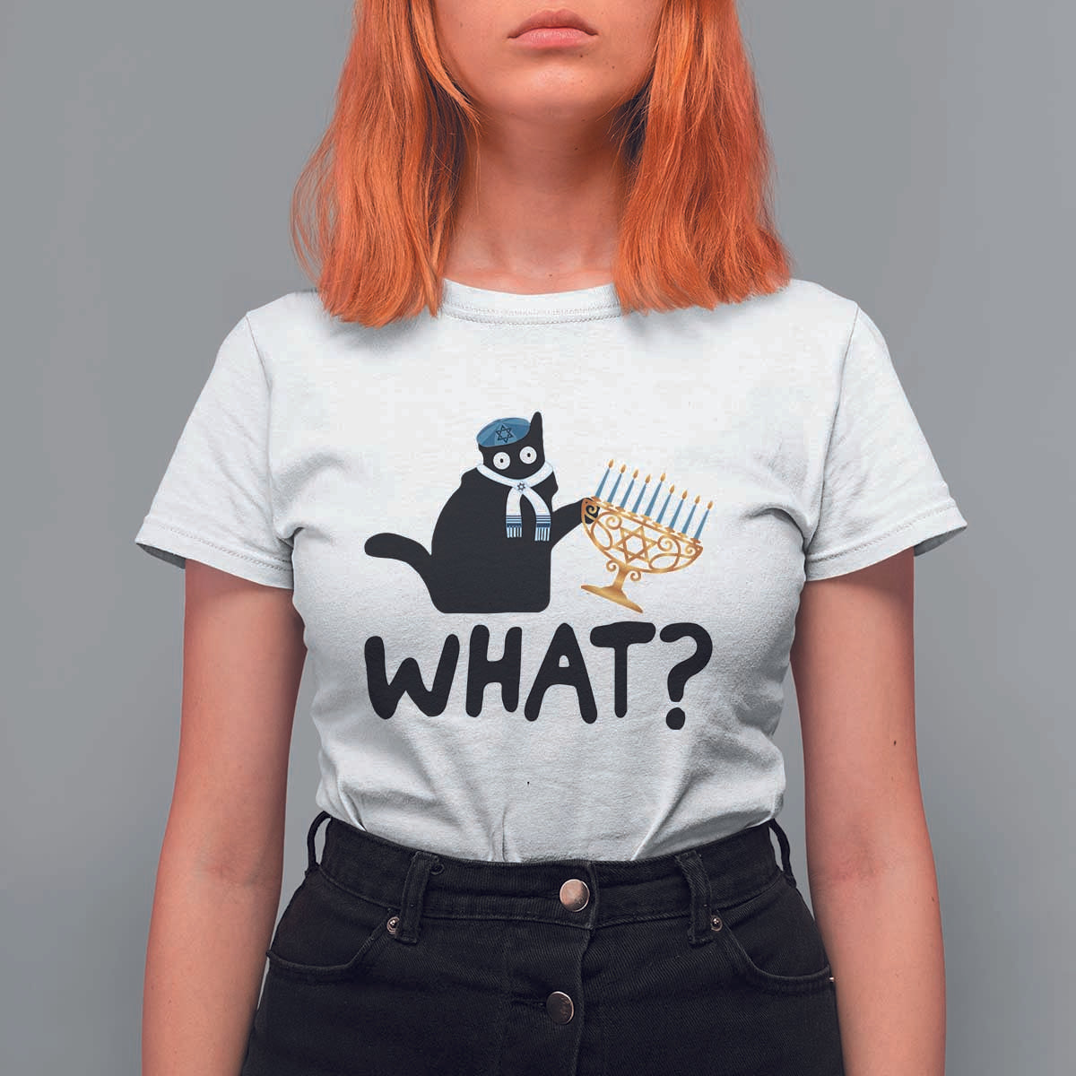 Funny What Hanukkah Black Cat T Shirt For Women - Wonder Print Shop