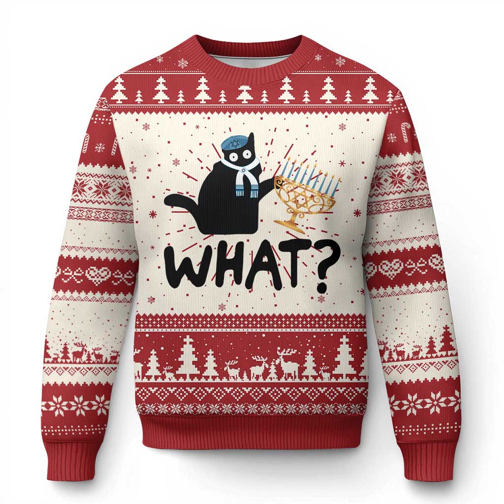 Funny What Hanukkah Black Cat Ugly Christmas Sweater - Wonder Print Shop