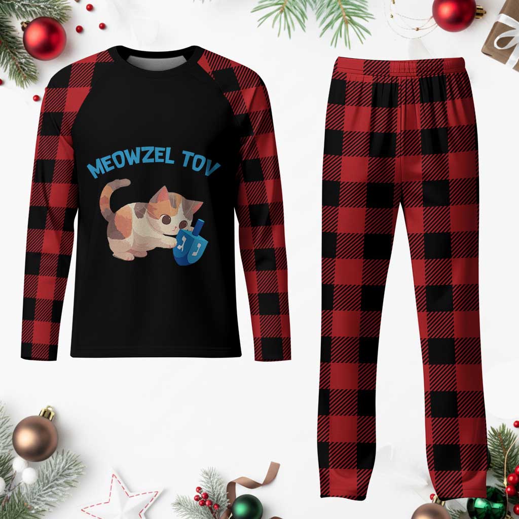 Funny Hanukkah Cats Plaid Pajama Set Meowzel Tov Dreidels Chanukah Jewish Festival - Wonder Print Shop