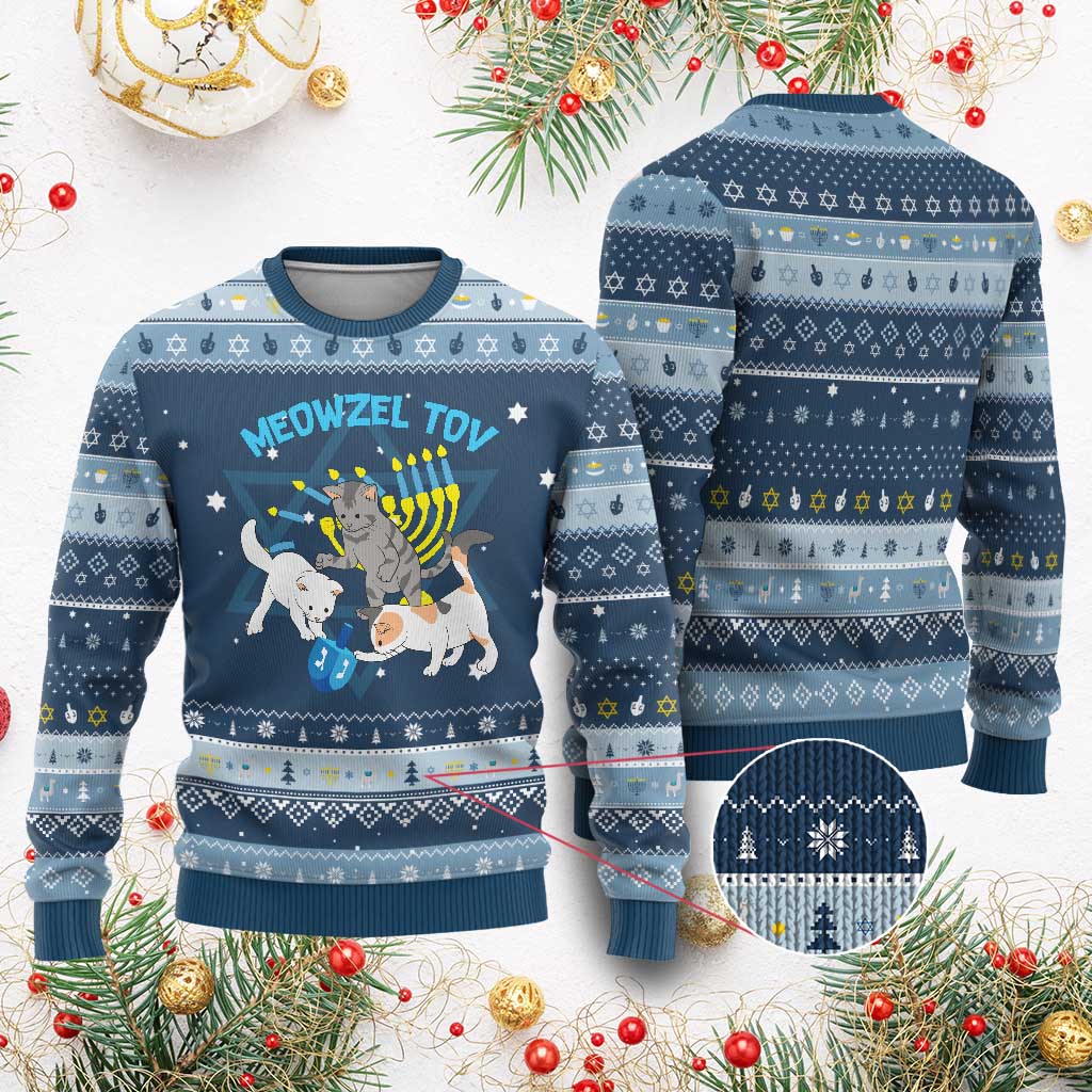 Funny Chanukah Cats Hanukkah Ugly Sweater Meowzel Tov Dreidels Menorah Chanukah Jewish Festival - Wonder Print Shop