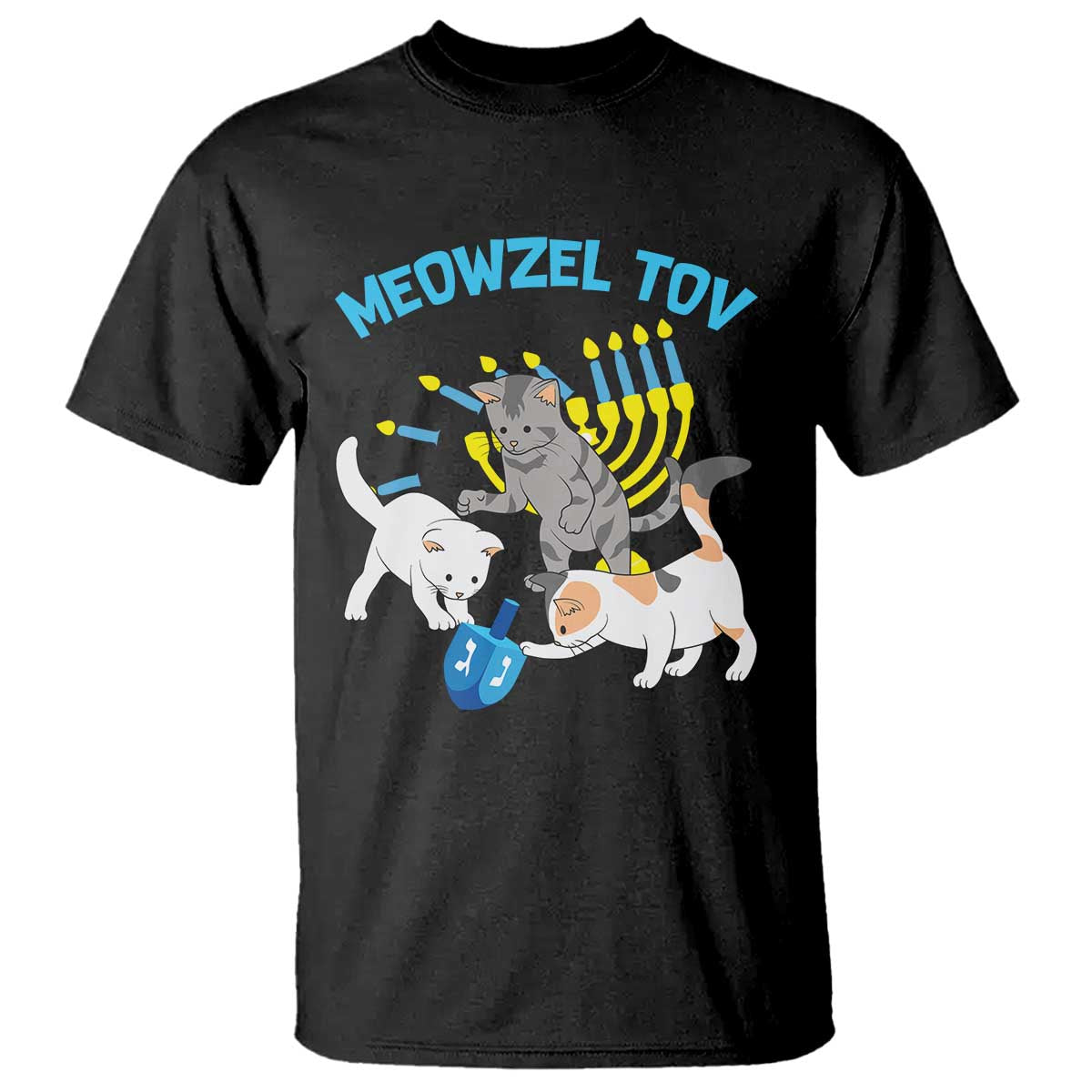 Funny Hanukkah Cats T Shirt Meowzel Tov Dreidels Menorah Chanukah Jewish Festival - Wonder Print Shop