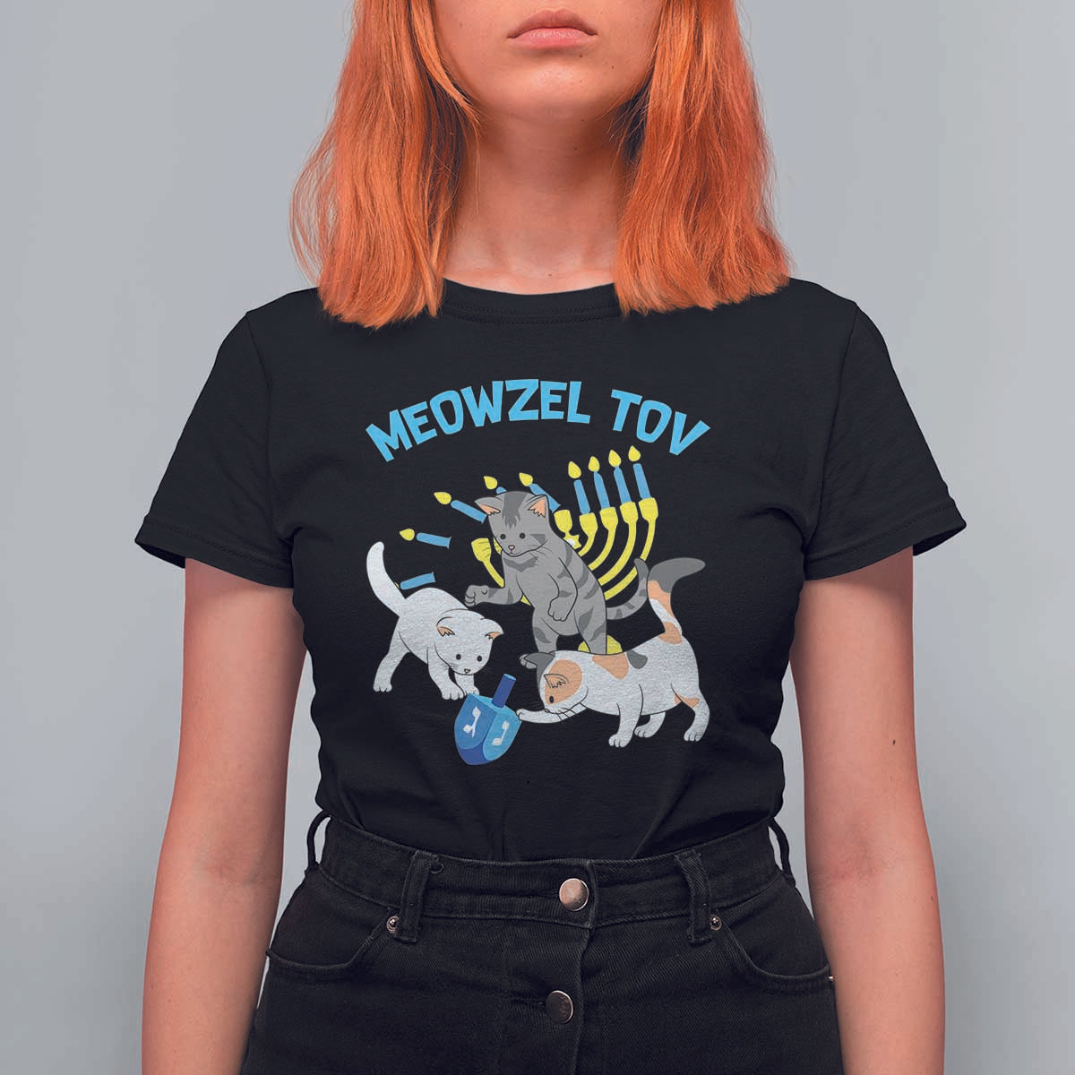 Funny Hanukkah Cats T Shirt For Women Meowzel Tov Dreidels Menorah Chanukah Jewish Festival - Wonder Print Shop