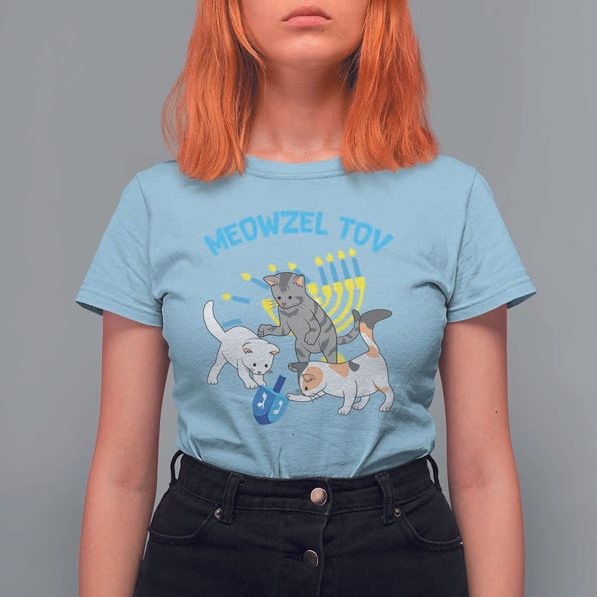 Funny Hanukkah Cats T Shirt For Women Meowzel Tov Dreidels Menorah Chanukah Jewish Festival - Wonder Print Shop