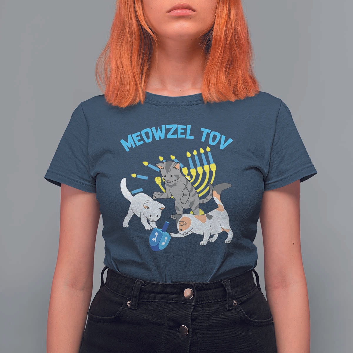 Funny Hanukkah Cats T Shirt For Women Meowzel Tov Dreidels Menorah Chanukah Jewish Festival - Wonder Print Shop