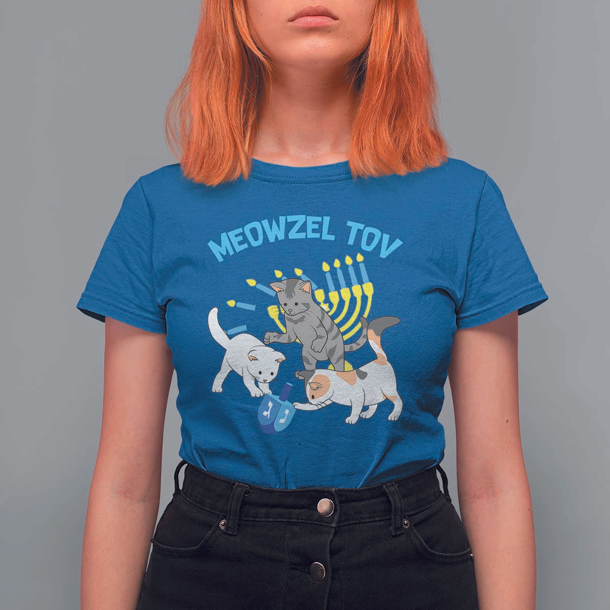 Funny Hanukkah Cats T Shirt For Women Meowzel Tov Dreidels Menorah Chanukah Jewish Festival - Wonder Print Shop