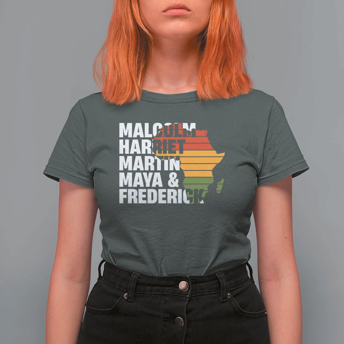 Black History Leaders T Shirt For Women Malcolm Harriet Martin Maya Frederick Africa Map
