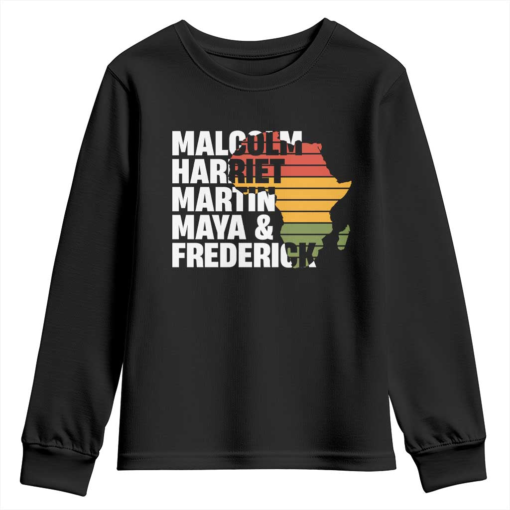 Black History Leaders Youth Sweatshirt Malcolm Harriet Martin Maya Frederick Africa Map