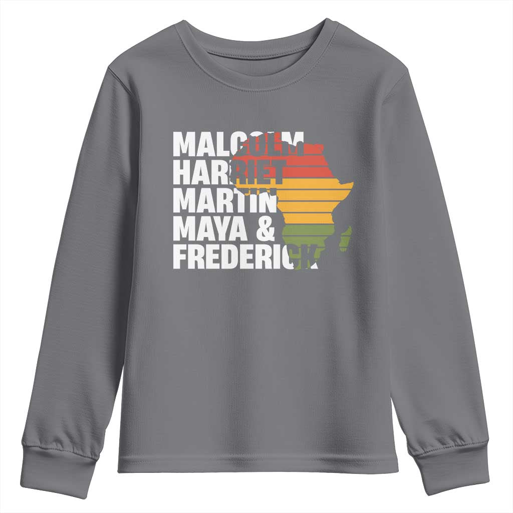 Black History Leaders Youth Sweatshirt Malcolm Harriet Martin Maya Frederick Africa Map