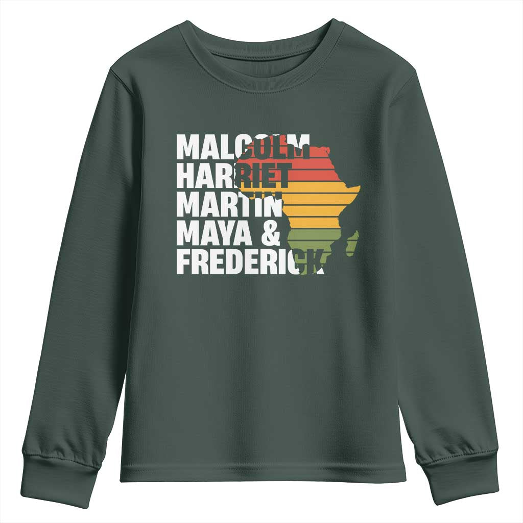 Black History Leaders Youth Sweatshirt Malcolm Harriet Martin Maya Frederick Africa Map
