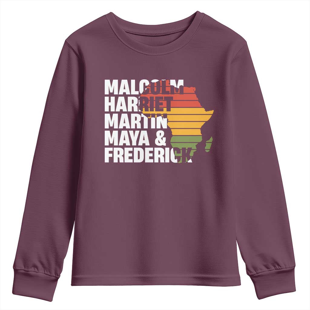 Black History Leaders Youth Sweatshirt Malcolm Harriet Martin Maya Frederick Africa Map