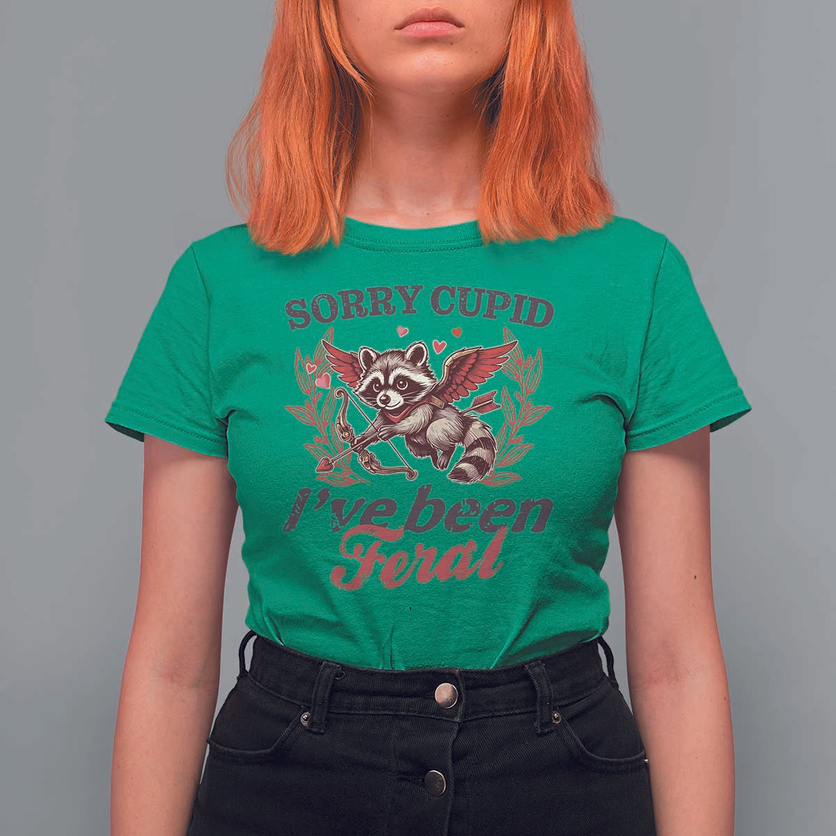 Funny Sorry Cupid I've Been Feral T Shirt For Women Valentine's Day Cupid Racoon