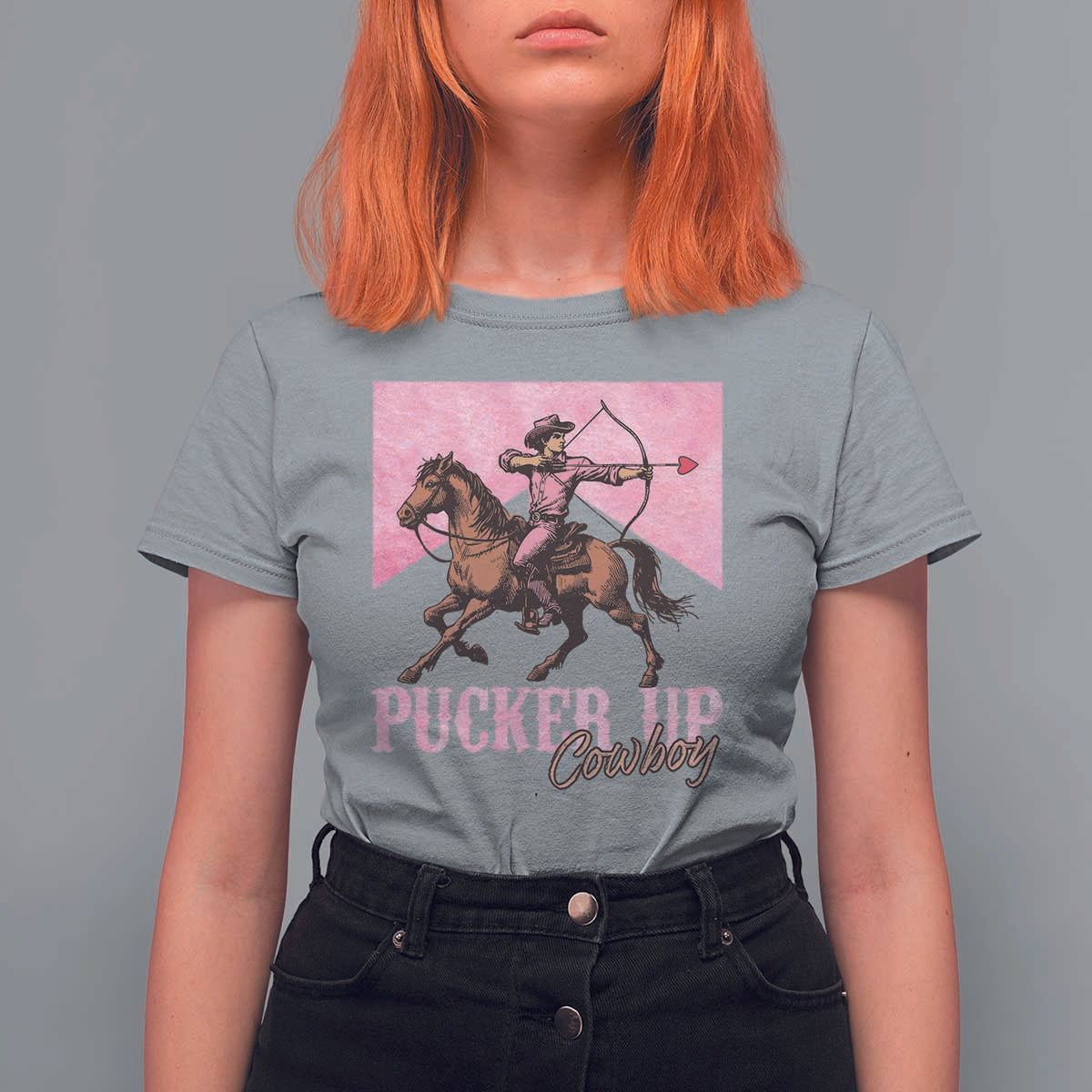 Funny Valentine's Day Western Cowboy T Shirt For Women Pucker Up Cowboy Cupid