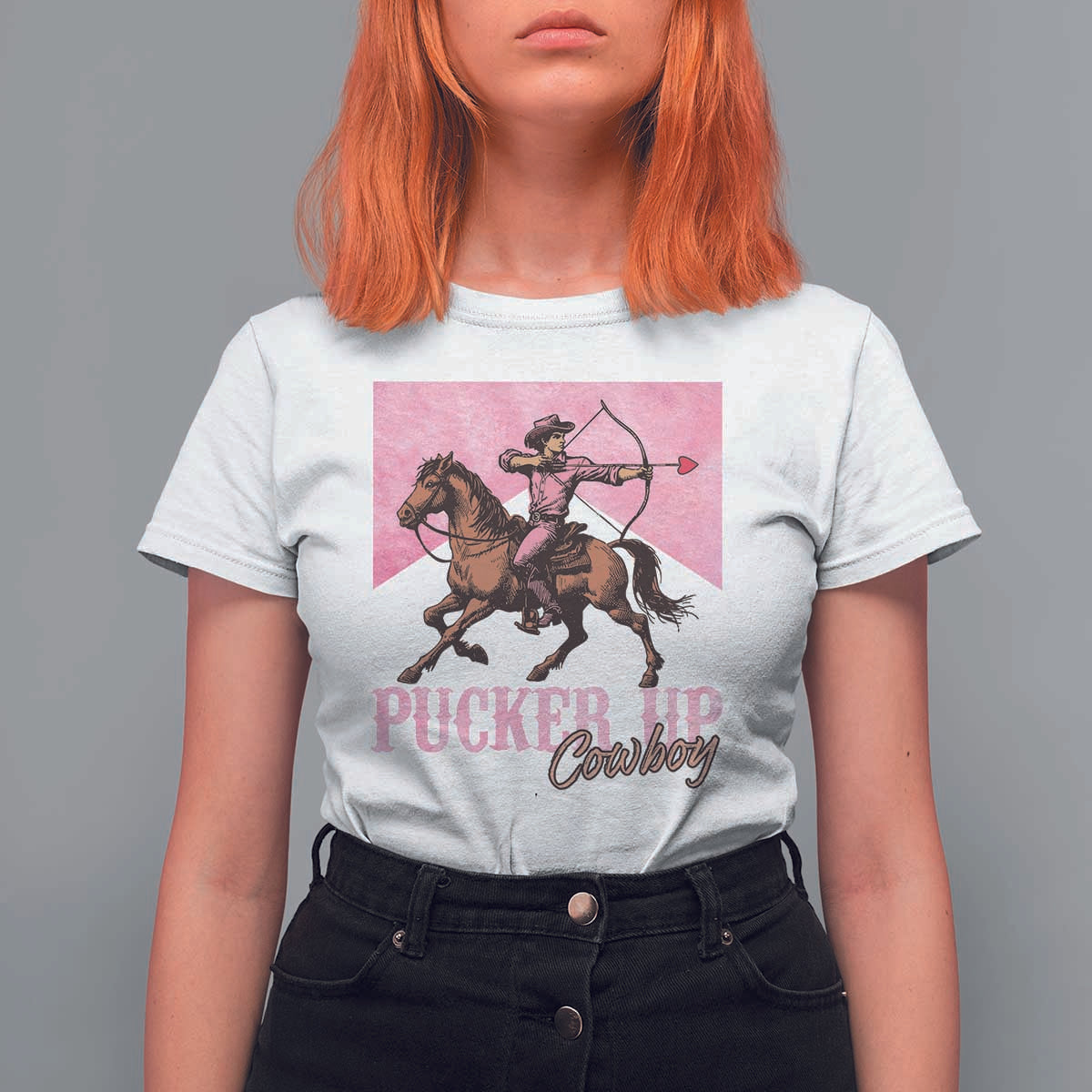 Funny Valentine's Day Western Cowboy T Shirt For Women Pucker Up Cowboy Cupid