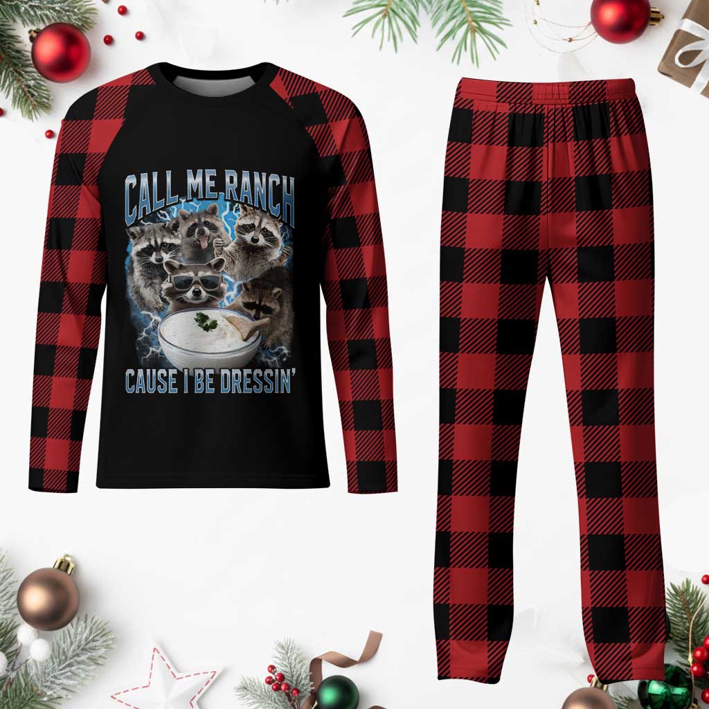Call Me Ranch Cause I Be Dressing Plaid Pajama Set Funny Raccoon Meme