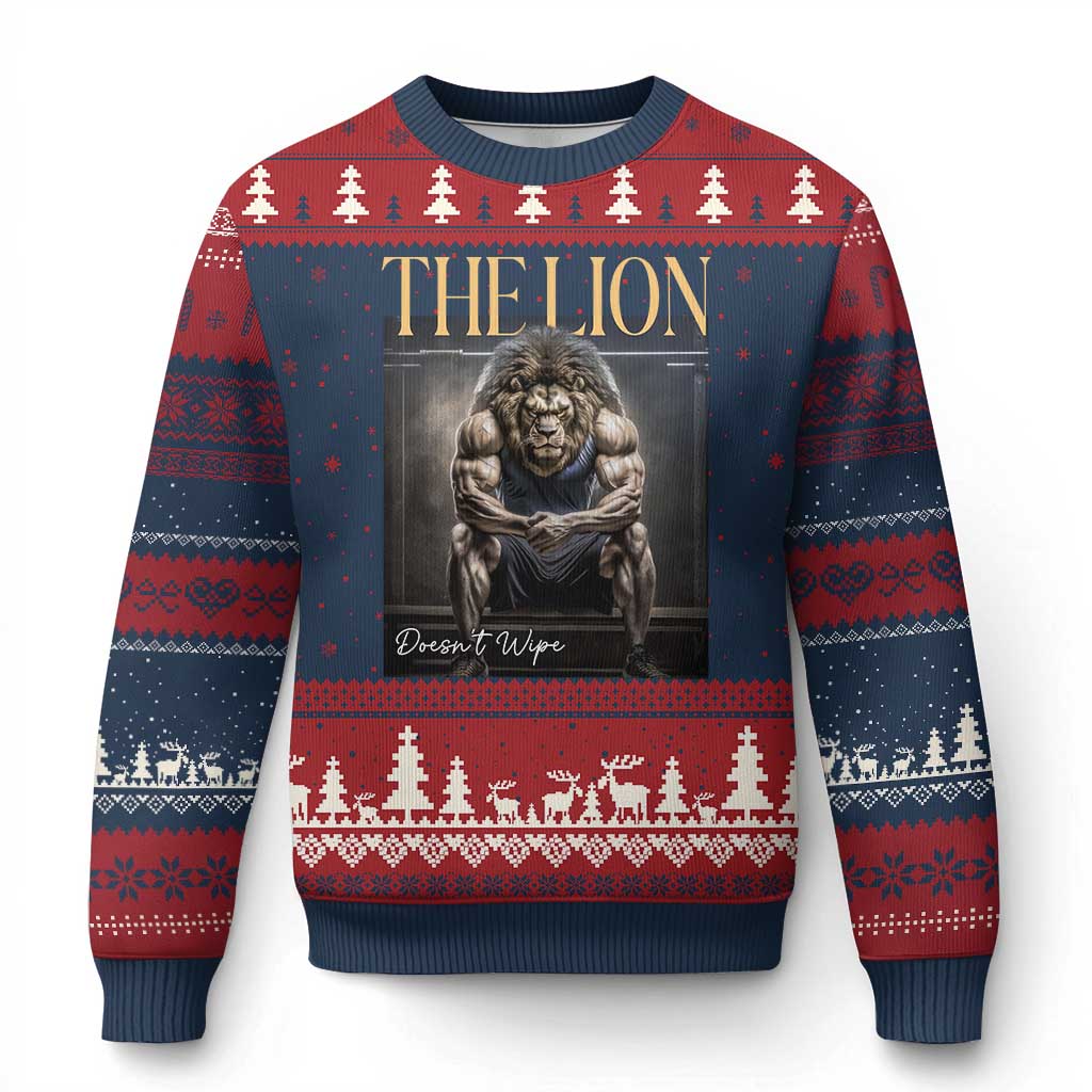 Funny The Lion Doesnt Wipe Ugly Christmas Sweater Gen Z Joke Brainrot Raunchy Meme