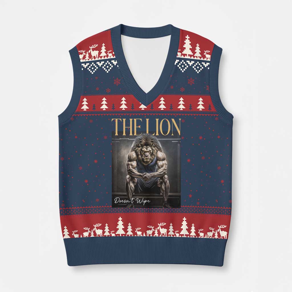 Funny The Lion Doesnt Wipe V-Neck Knit Sweater Vest Gen Z Joke Brainrot Raunchy Meme