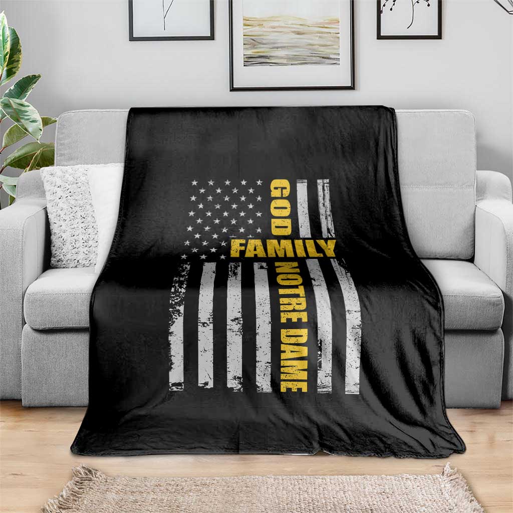 God Family Notre Dame Throw Blanket Irish Patriotic American Flag