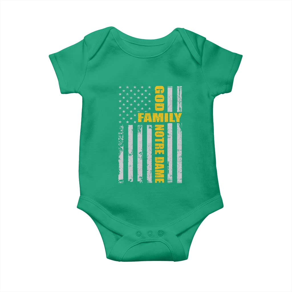 God Family Notre Dame Baby Onesie Irish Patriotic American Flag