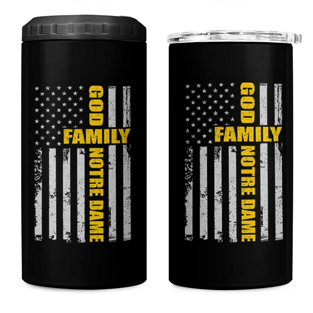 God Family Notre Dame 4 in 1 Can Cooler Tumbler Irish Patriotic American Flag