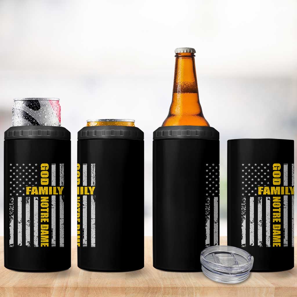 God Family Notre Dame 4 in 1 Can Cooler Tumbler Irish Patriotic American Flag