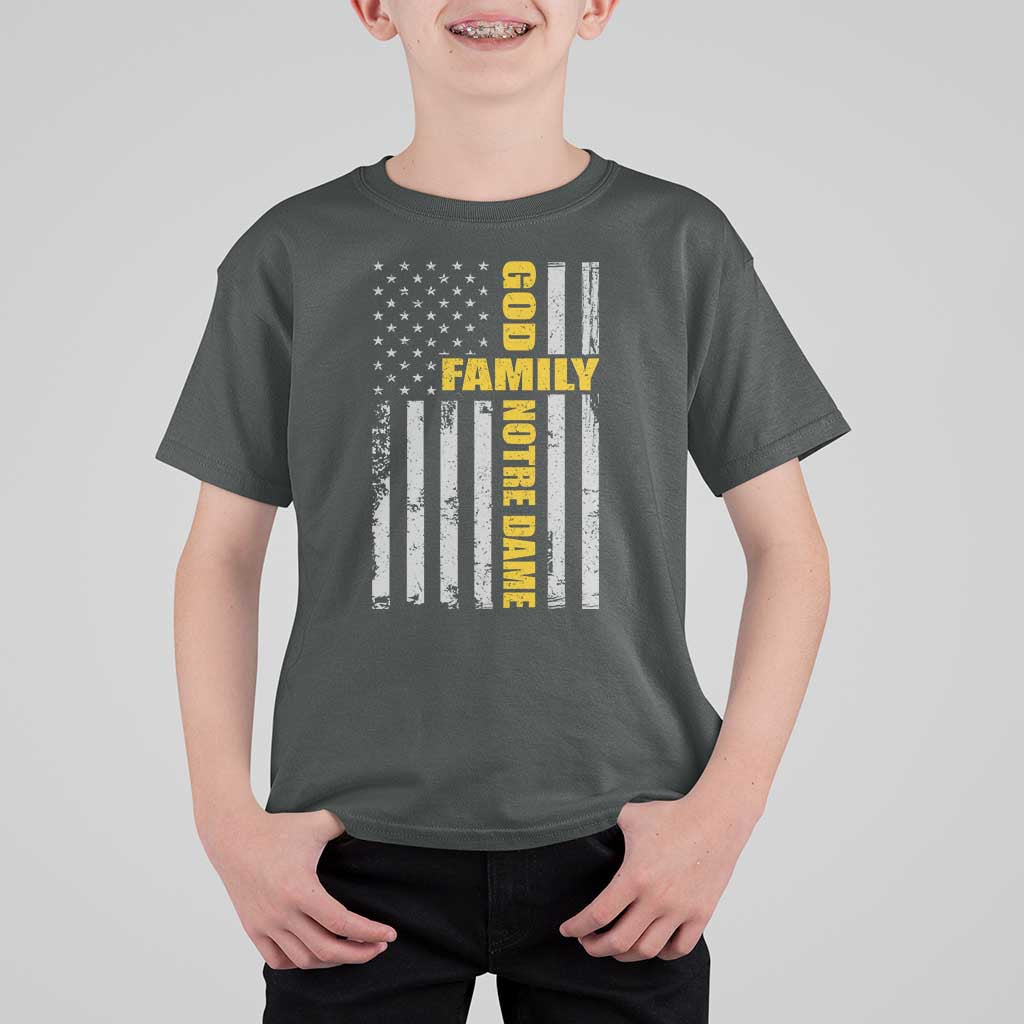 God Family Notre Dame T Shirt For Kid Irish Patriotic American Flag