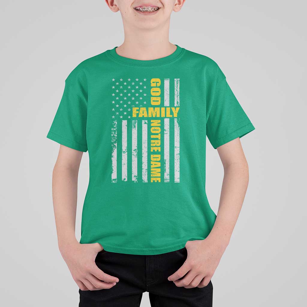 God Family Notre Dame T Shirt For Kid Irish Patriotic American Flag