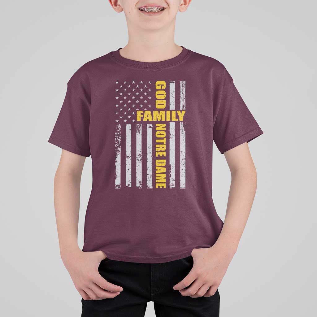God Family Notre Dame T Shirt For Kid Irish Patriotic American Flag