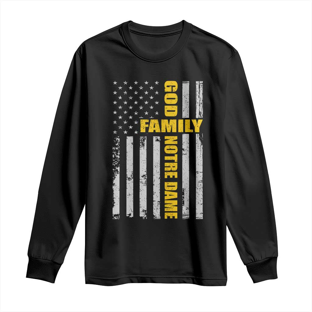 God Family Notre Dame Long Sleeve Shirt Irish Patriotic American Flag