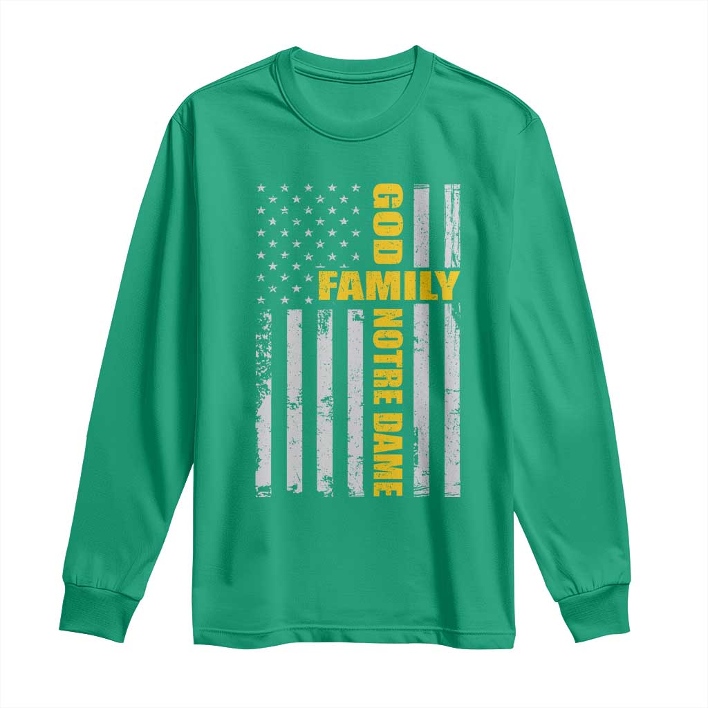 God Family Notre Dame Long Sleeve Shirt Irish Patriotic American Flag