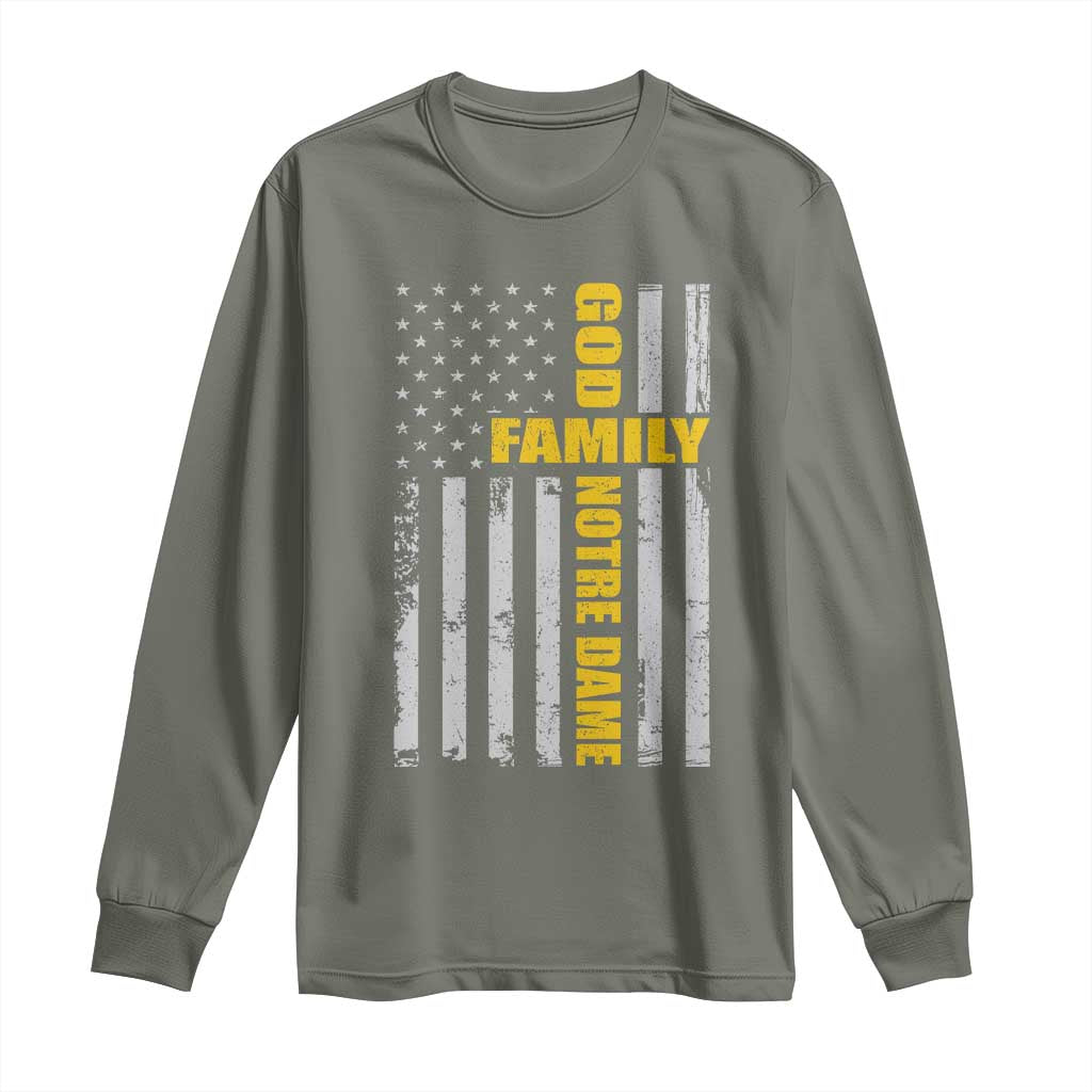 God Family Notre Dame Long Sleeve Shirt Irish Patriotic American Flag