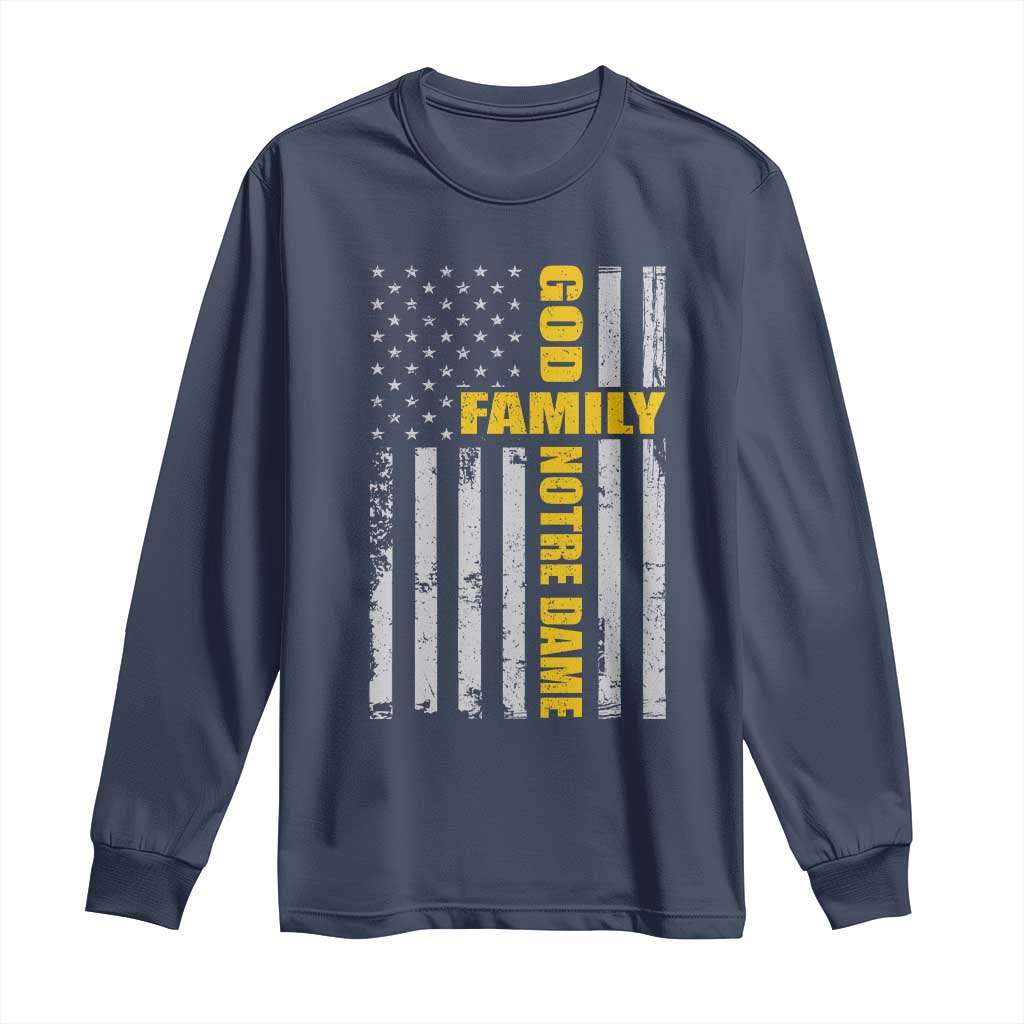God Family Notre Dame Long Sleeve Shirt Irish Patriotic American Flag