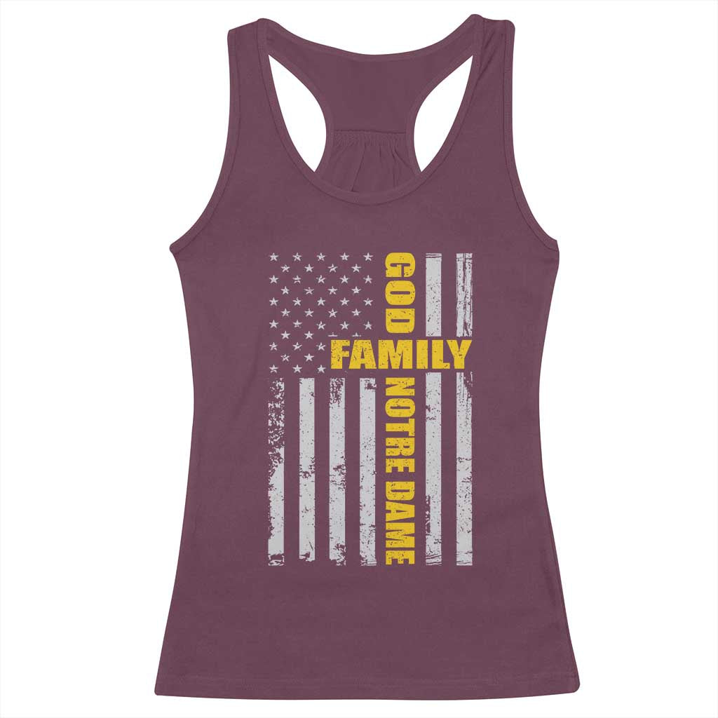 God Family Notre Dame Racerback Tank Top Irish Patriotic American Flag