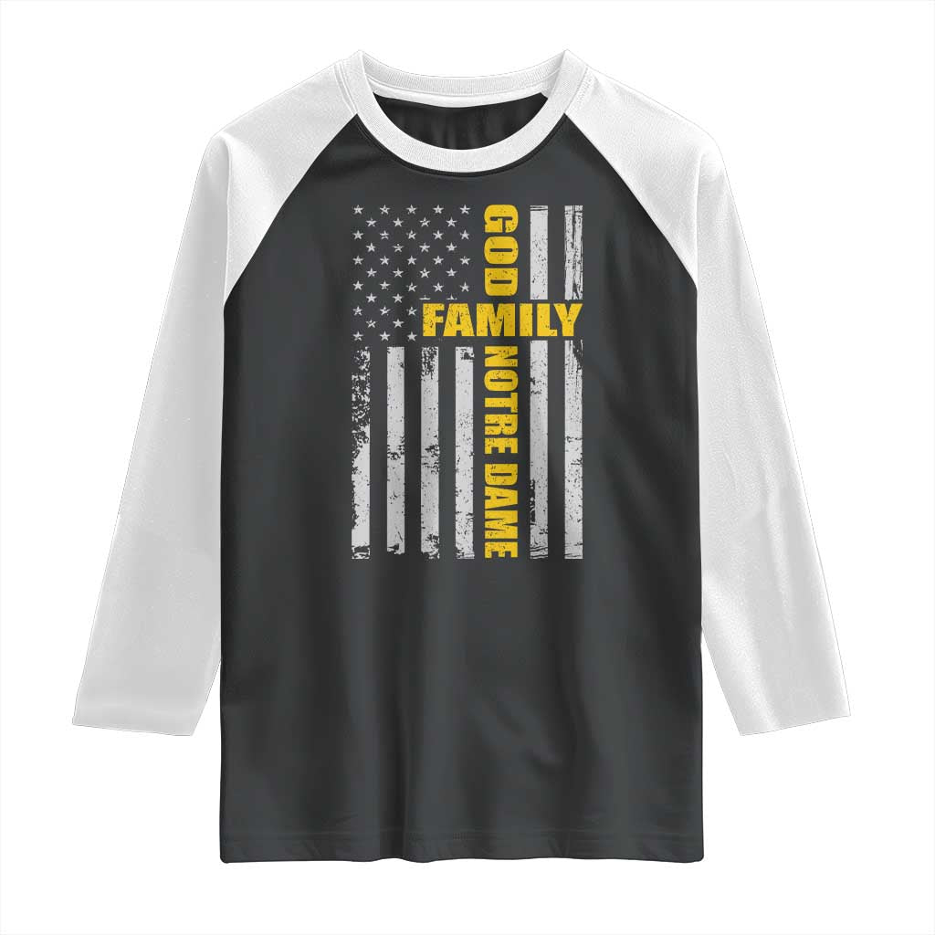 God Family Notre Dame Raglan Shirt Irish Patriotic American Flag