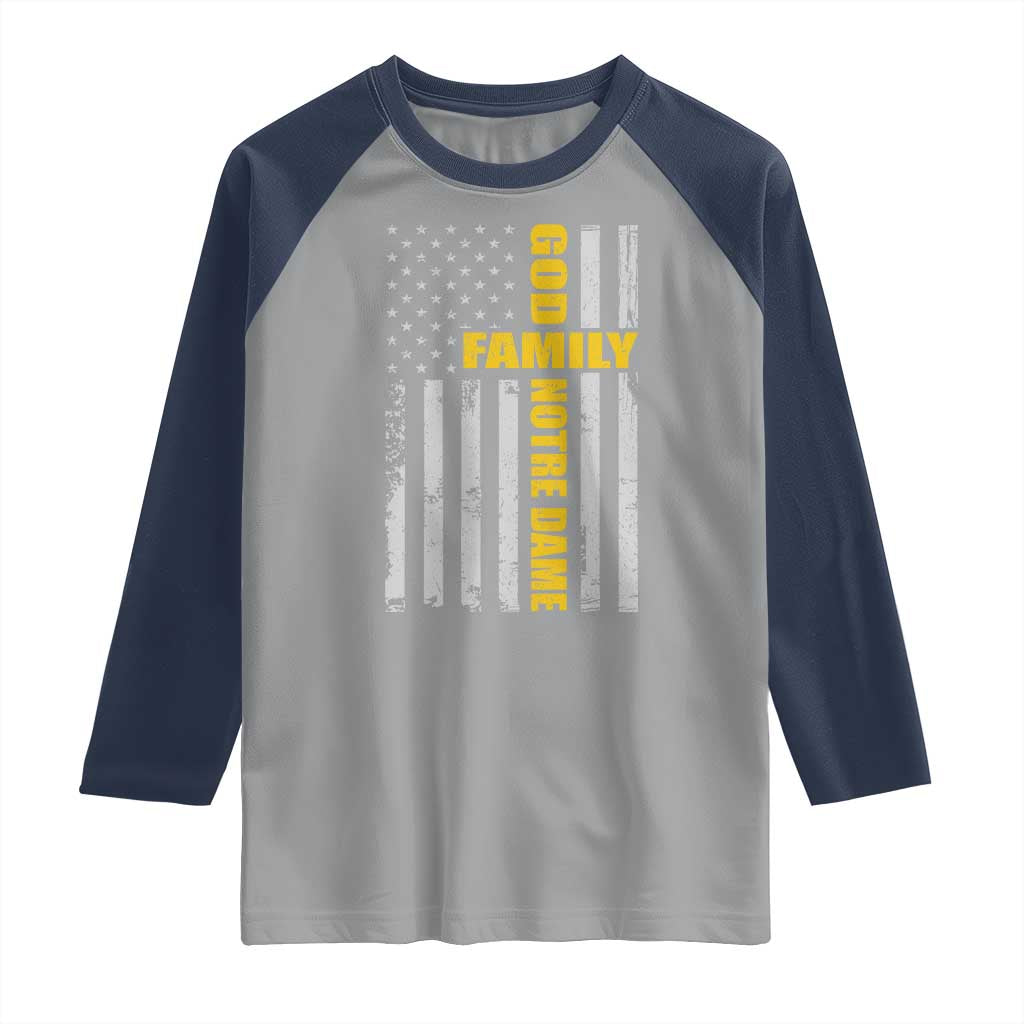 God Family Notre Dame Raglan Shirt Irish Patriotic American Flag