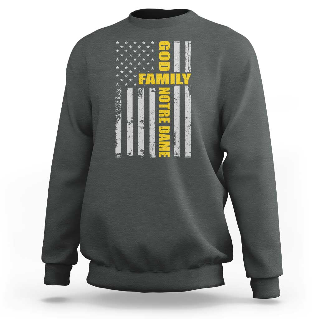 God Family Notre Dame Sweatshirt Irish Patriotic American Flag