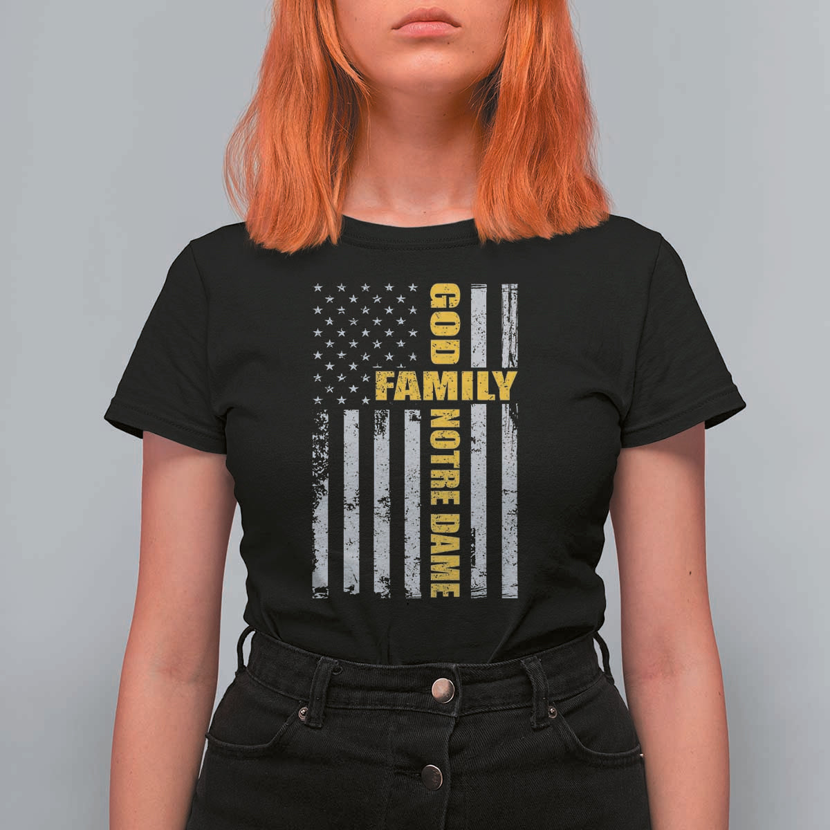 God Family Notre Dame T Shirt For Women Irish Patriotic American Flag