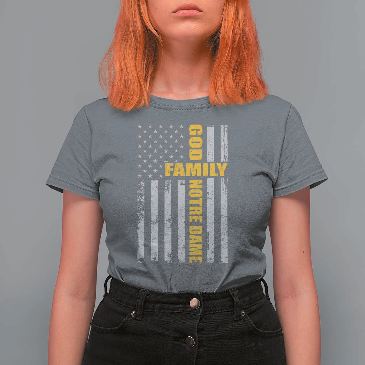God Family Notre Dame T Shirt For Women Irish Patriotic American Flag