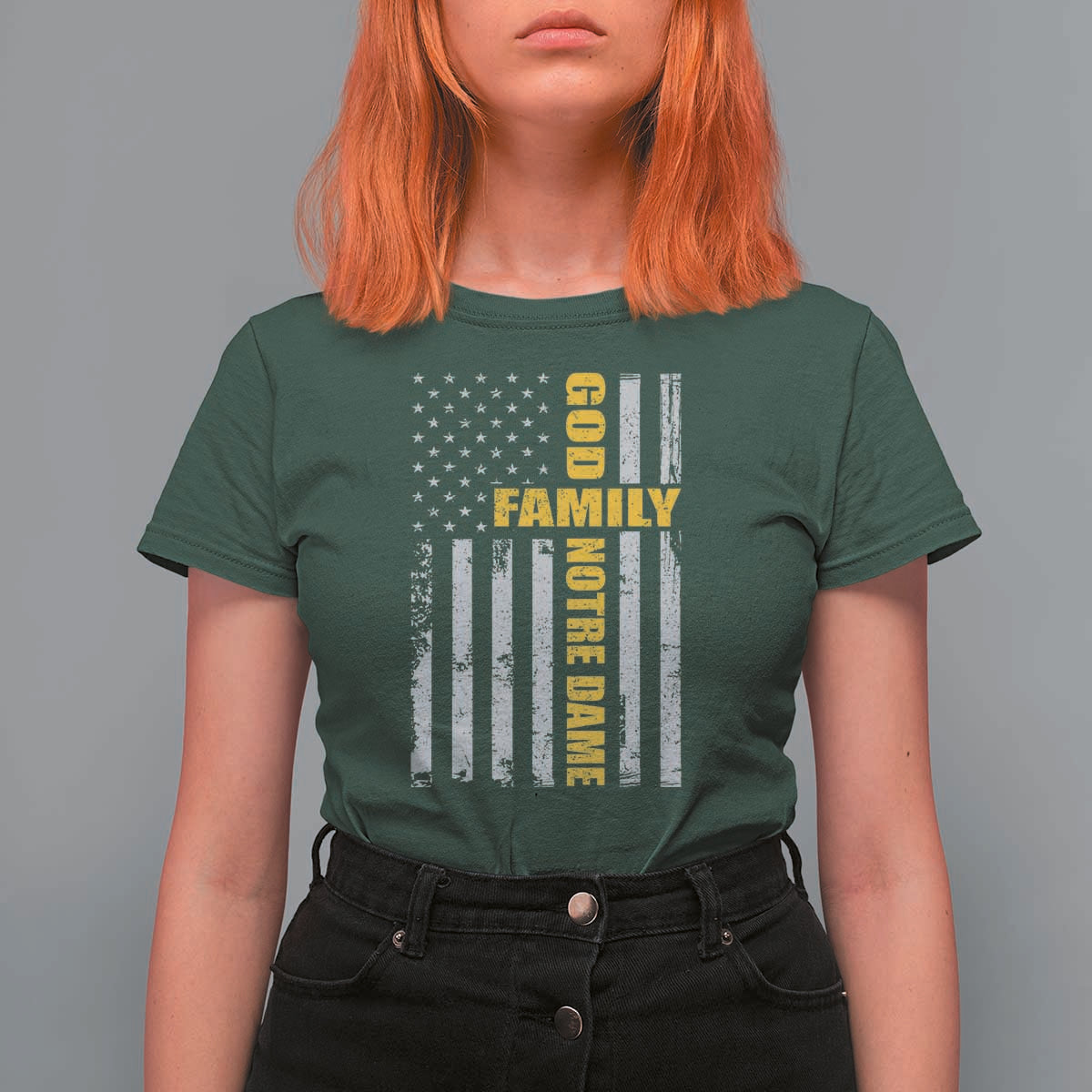 God Family Notre Dame T Shirt For Women Irish Patriotic American Flag