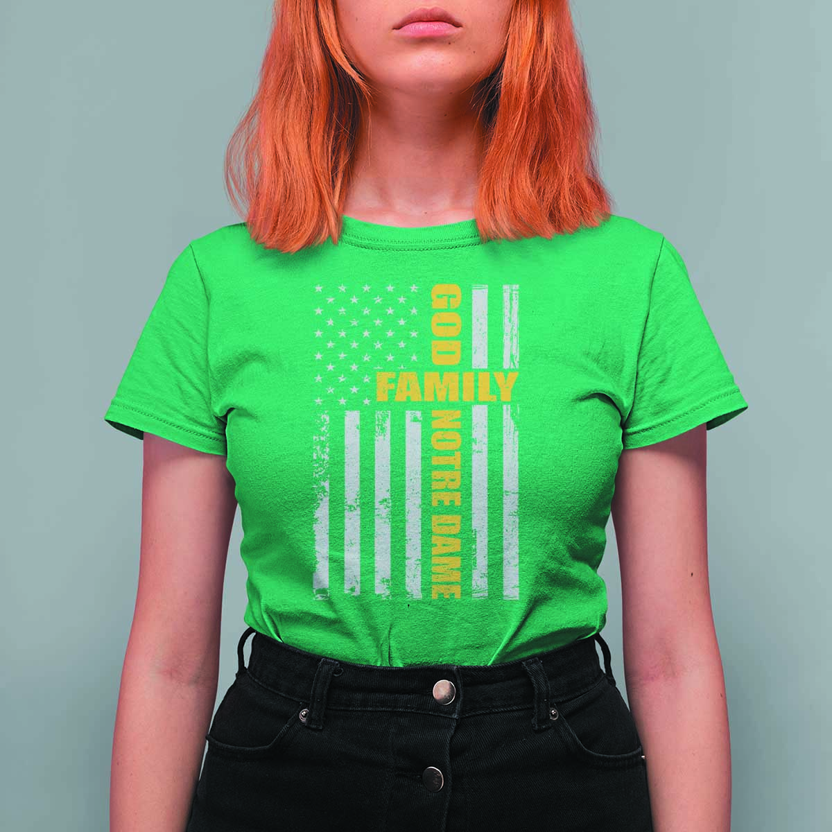 God Family Notre Dame T Shirt For Women Irish Patriotic American Flag