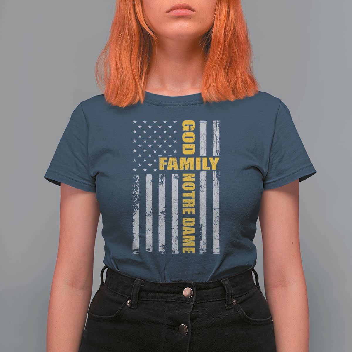 God Family Notre Dame T Shirt For Women Irish Patriotic American Flag